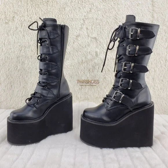 Swing 220 Multi Buckle Black Matte Leatherette Goth Mid-Calf Boot 5.5" Platforms - Picture 2 of 13